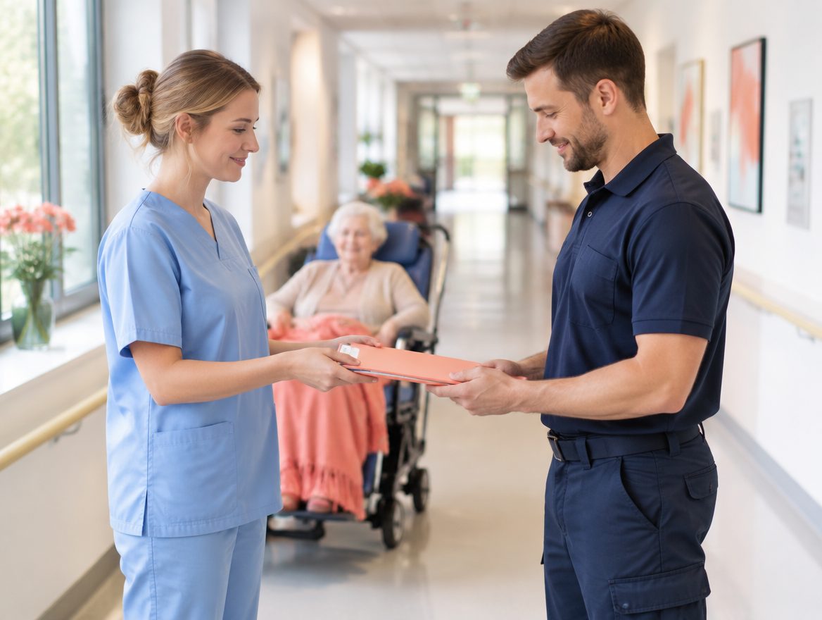 Ein Rettungssanitäter übernimmt auf dem Klinikflur die Unterlagen von einer Pflegekraft, im Hintergrund wartet eine Patientin im Rollstuhl