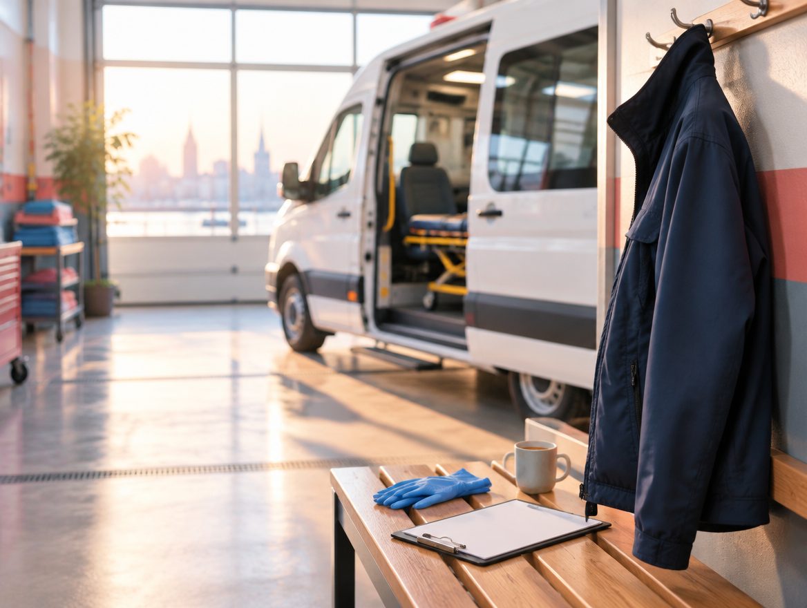 Ein Krankentransportwagen mit offener Seitentür in einer hellen Fahrzeughalle, davor eine Bank mit Dienstjacke und Klemmbrett