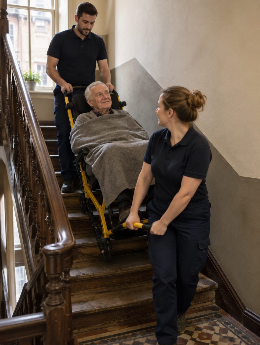 Zwei Rettungssanitäter tragen einen älteren Patienten im Tragestuhl eine Holztreppe im Altbau-Treppenhaus hinunter