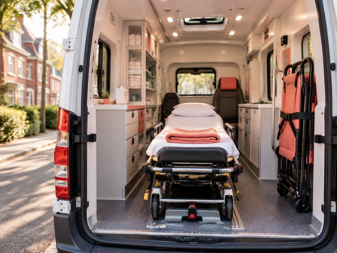 Blick in einen Krankentransportwagen mit Fahrtrage und Tragestuhl
